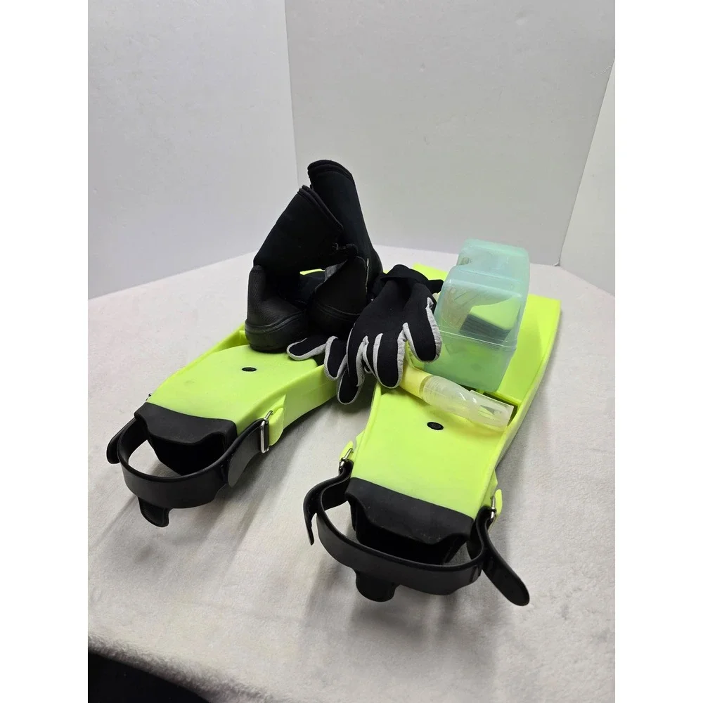 US Divers Compro Fins Sherwood Boots Snorkel Mask Gloves Set Neon Yellow Size 8